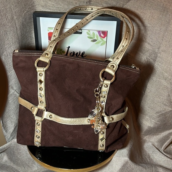 VTG Kathy Van Zeeland Brown Suede w/Gold trim gold studded & bag charm EUC - Picture 1 of 14